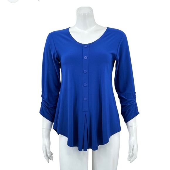 Sympli Top size 12 Blue 3/4 Sleeves Slinky Knit Office Stretch Travel Lagenlook - Picture 1 of 8